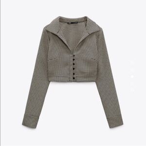 Zara Black & White Houndstooth Cropped Button-Down Shirt